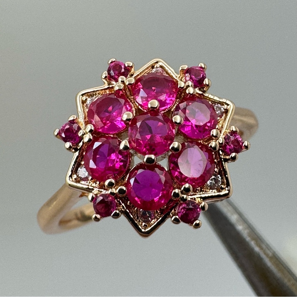 Bright Pink Diamond CZ Floral Cluster Ring Gold Statement Flower Ring Art Deco